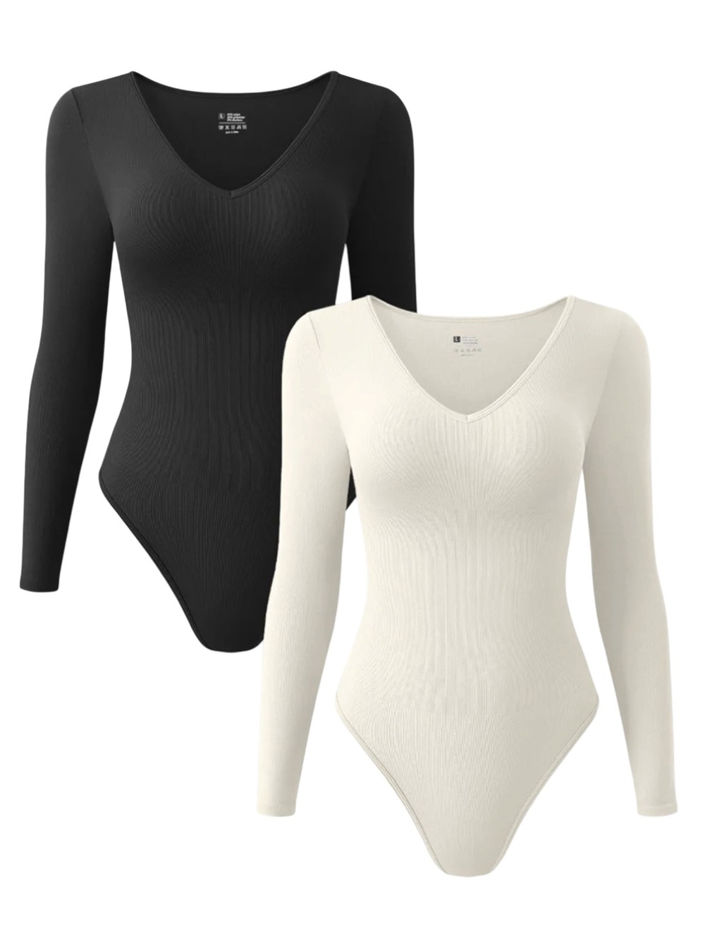 OQQ Long Sleeve V-Neck Ribbed Bodysuit in Black + Cream